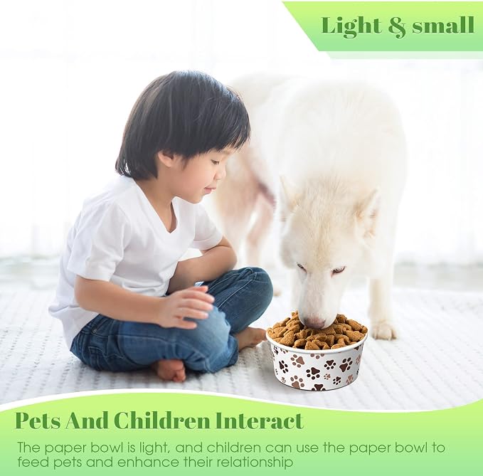 80 Packs Disposable Dog Bowls 12 Oz/1.5 Cup Pet Feeding Bowl for Small Dogs, Cats - Leakproof Paw Paper Pet Bowl for Wet Food, Water