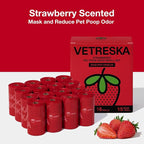 VETRESKA Dog Poop Bag with Handles 240 Count, Strawberry Scented Waste Bag | Leak-Proof Thick Dog Bags for Poop, Easy-Tie Large Poop Bags, 16 Refill Rolls for Dog Walking Cat Litter