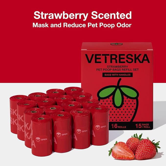 VETRESKA Dog Poop Bag with Handles 240 Count, Strawberry Scented Waste Bag | Leak-Proof Thick Dog Bags for Poop, Easy-Tie Large Poop Bags, 16 Refill Rolls for Dog Walking Cat Litter