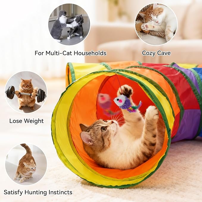 Joytale Cat Tunnel for Multiple Cats, 5-Way Indoor Tube Toy to Chase & Hide | Bell ball & Toy Mouse Included; Peekaboo Hole; Pops Open & Folds Into Zip Bag; Fits Cats to ~12 lb; Kittens & Rabbits Too