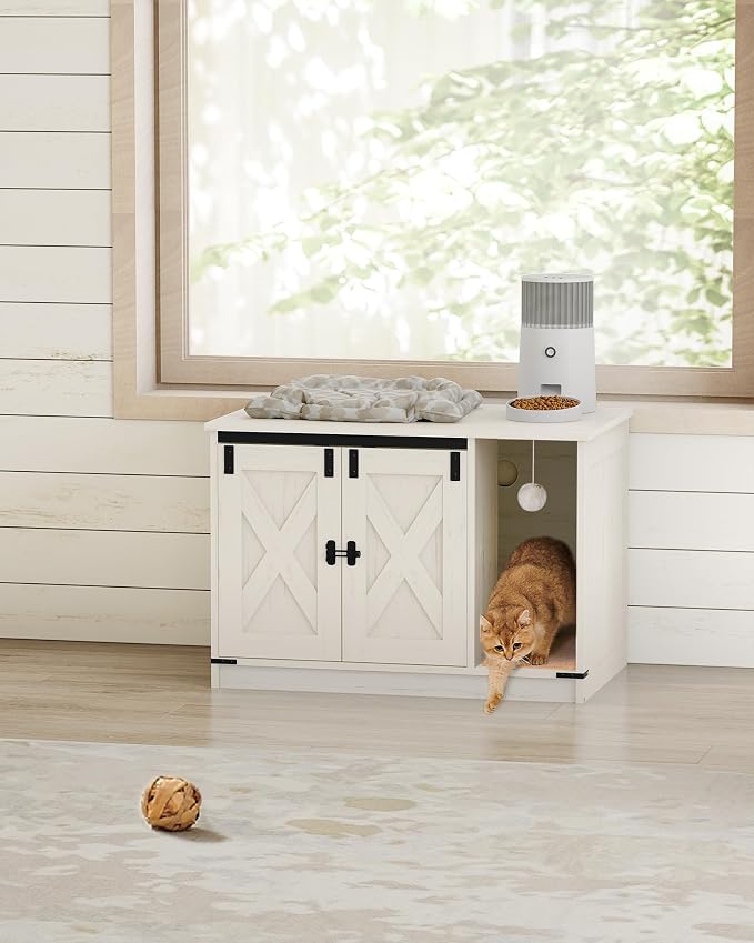Hzuaneri Cat Litter Box Enclosure, Hidden Litter Box Cabinet Furniture | Indoor Cat House with Bell, Farmhouse Style, 31.5 x 19.7 x 20.9 Inches, for Hallway, Bedroom, White CB82414B