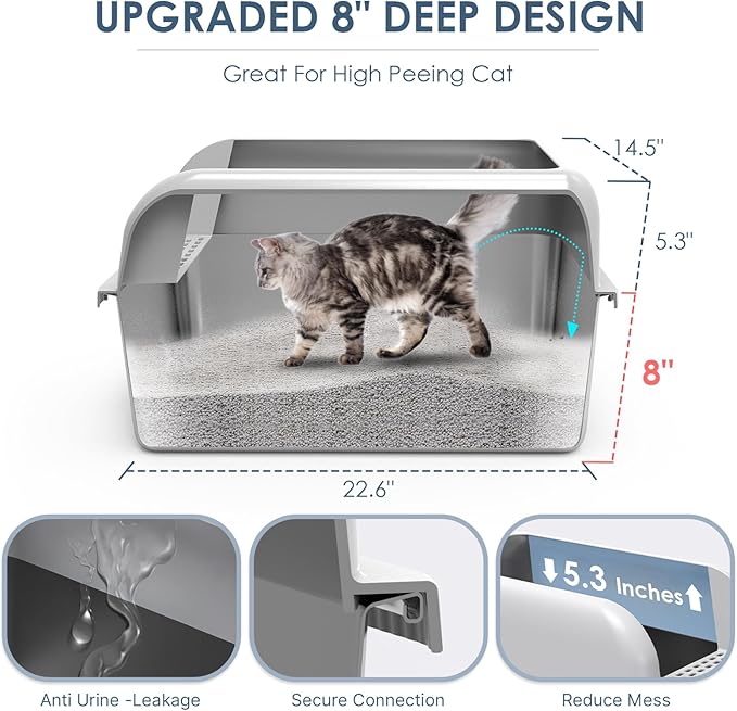 Suzzipaws XL 8" Deep Enclosed Stainless Steel Cat Litter Box for Big Cats | High-Side Anti-Leakage Structure, Non-Sticky Surface, Simple Daily Cleaning, Comes with Scoop & Filter for Multi-Cat Homes