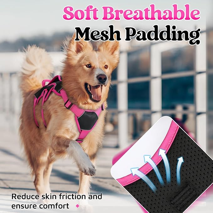 rabbitgoo Escape Proof Dog Harness for X-Large, No Pull with Lift Handle | No Escape, Full Soft Padded, Reflective Adjustable Vest, Leash Clip for Walking Hiking Training, Rose & Black, X-Large