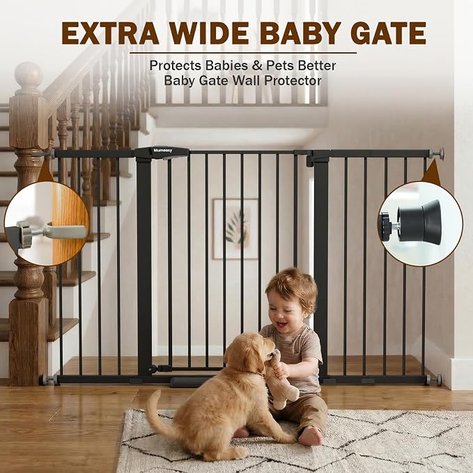 Mumeasy 29.7-57" Extra Wide Baby Gate,Dog Gate Indoor for Doorways & Stairs | No Drilling Pressure Mounted Pet Gate for Dogs Outdoor, Auto Close Easy Walk Thru Child Safety Gate for Hallways, House,Black