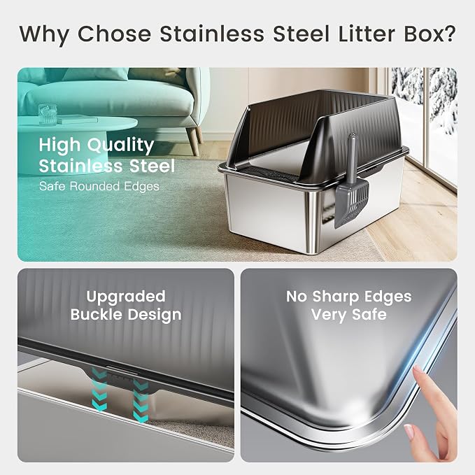 Tripamin 15” Stainless Steel Cat Litter Box,XL Stainless Steel with High Sides, Extra Large Metal Cat Litter Box for Big Cats, Multi Cats&Kitty, Easy Cleaning, Non-Sticky(Translucent Black)