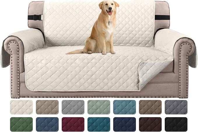 H.VERSAILTEX Sofa Protector for Dogs/Cats/Pets Sofa Covers Slipcover Quilted Couch Coveres Loveseat Covers with Non Slip Elastic Strap Water Resistant Seat Width: 46" (Loveseat, Ivory/Beige)