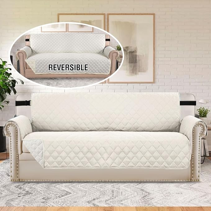 H.VERSAILTEX Reversible Sofa Cover Couch Cover for 3 Cushion Couch Water Resistant Sofa Cover for Living Room Quilted Furniture Couch Cover Washable Couch Protector(Oversized Sofa, Ivory/Beige)