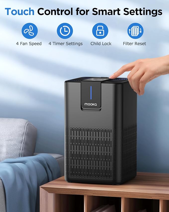 MOOKA H13 HEPA Air Purifiers for Home Large Room up to 1250 Ft², M05 Black | 15dB Ultra Quiet Air Cleaner for Bedroom Office with Aromatherapy, Perfect for Pet Hair, Dander, Dust, Smoke & Odors Filter