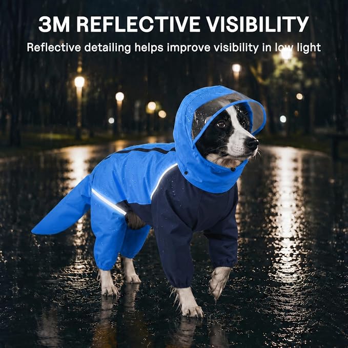 Full-Body Dog Raincoat with Detachable Hood, Waterproof Reflective Dog Rain Jacket with Tail Cover, Adjustable Fit and Leash Portal for Rainy Walks, Blue, Large