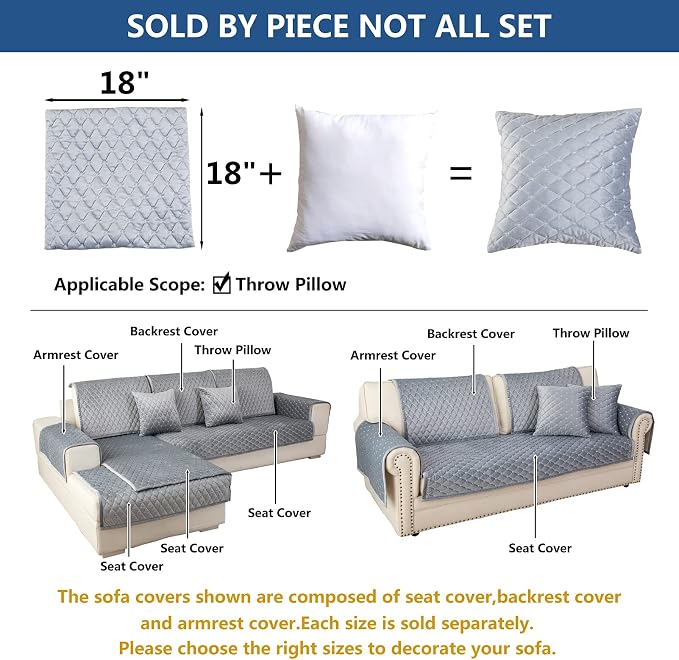 Eismodra Throw Pillows,Couch Cover,Sofa Cover,Sectional Couch Covers for 3 Cushion Couch,Sofa Slipcovers for Dogs Cats Pet Loveseat Recliner Leather L Shaped,Light Gray 18 x 18 Inches (Only 1 Piece)