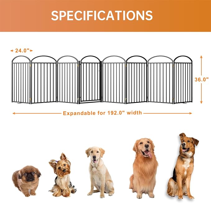 SNUOWU 8 Panels Full Matel Freestanding Dog Gates with Door, 192"Extra Wide 36"Tall Free Standing Dog Pet Gate for Indoor & Outdoor. Foldable Pet Fences for Doorways, House, Stairs, Porch, Deck, Yard