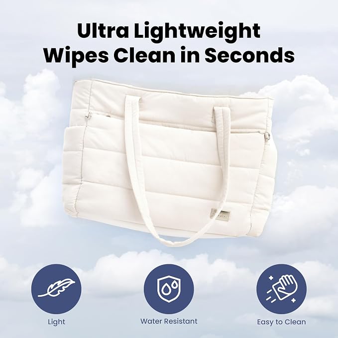 Rubyloo Puffer Dog Travel Bag for Dog Moms, Diaper Bag with Travel Bowls | 2 BPA-Free Collapsible Bowls, 2 Pet Food Containers, 9 Pockets, Everyday Puffer Bag Works With or Without Your Dog, Beige