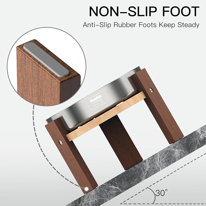 Elevated Dog Bowl Stand, 7'' Height Raised Stand for Large Dogs, Includes 3Cups Stainless Steel Slow Feeder Dog Bowl, Durable Solid Hardwood