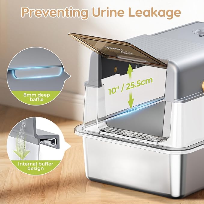 L7 Pro-Stainless Steel Litter Box with Lid Enclosed Odor Control | Extra Large Enclosed Metal Cat Box for Kitty&Big Cats, Odor Control, High Sided Anti-Leak with Scoop & Mat, Grey
