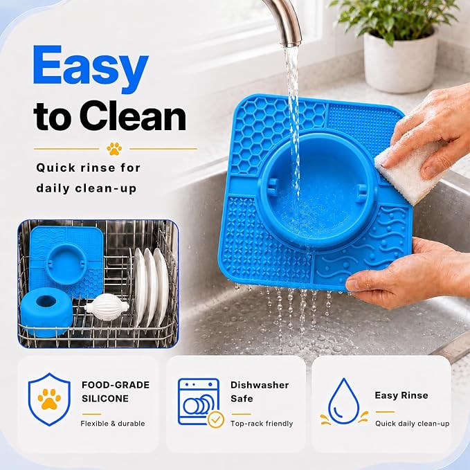 2-in-1 Slow Feeder Dog Bowl, Rolling Ball & Lick Mat, Large Blue | 16.9 oz silicone bowl mat with non-slip suction cups for liquid and thick treats, for large, medium, small dogs and cats