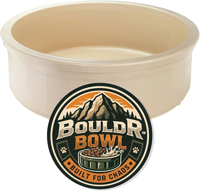 Pet Crock Bowl – Thick Durable Plastic Non-Tip Food & Water Dish for Dogs, Cats & Small Animals – Indoor/Outdoor – Chew Resistant, Easy Clean (Beige, Large 48oz)