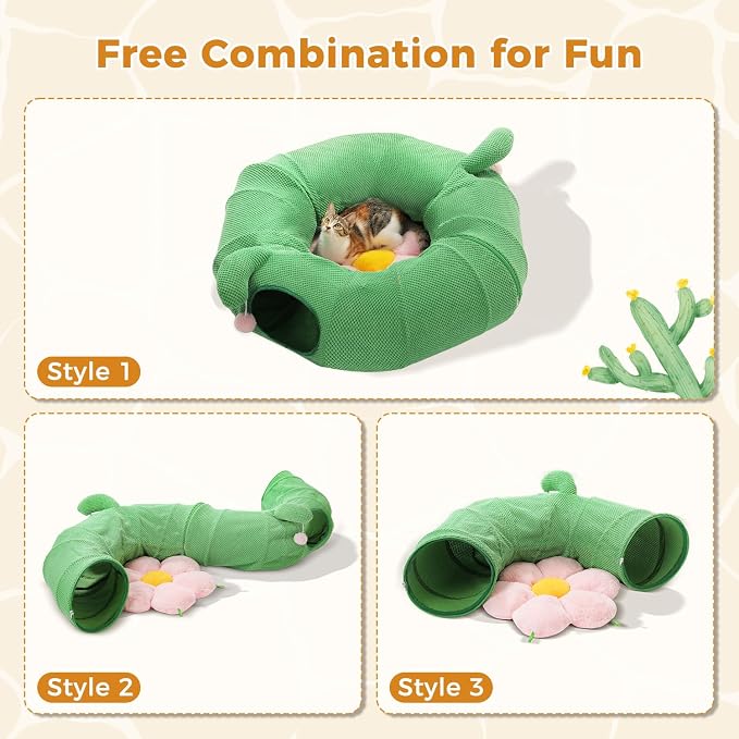 PAWZ Road Cactus Cat Tunnel Collapsible Cat Donut Tunnel with Flower Bed | 38" diameter,2 tunnels & flower mat form Large cat tunnels Peephole & dangling balls for indoor adult cat