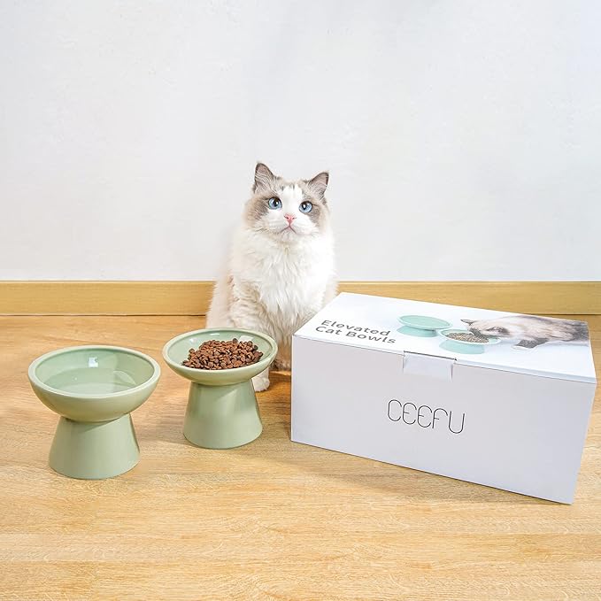 CEEFU 2-Pack Elevated Ceramic Cat Bowls Extra Wide for Food & Water | Anti Vomiting, Whisker Friendly, Shallow Food Dish and Deep Water Bowl, Lead&Cadmium-Free, Raised Height for Cats, Sage Green