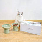 CEEFU 2-Pack Elevated Ceramic Cat Bowls Extra Wide for Food & Water | Anti Vomiting, Whisker Friendly, Shallow Food Dish and Deep Water Bowl, Lead&Cadmium-Free, Raised Height for Cats, Sage Green