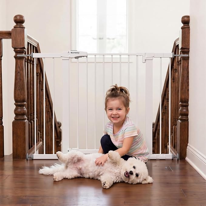 Mumeasy 29.7-46" Baby Gate, Stair Safety Gate for Round Banisters | Y spindle hardware, fits round banisters, no drill installation, auto close door, for babies toddlers and dogs