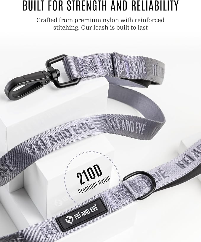 Fei & Eve Classic Dog Leash | Soft-Touch 210D Nylon, Dual Padded Handles, Traffic Handle, Tangle-Free, Heavy Duty, Twilight Gray, 4FT