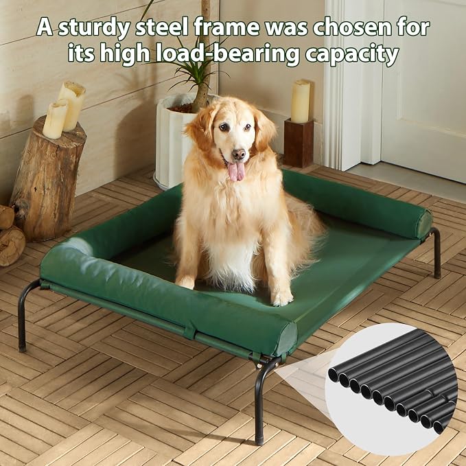Cooling Elevated Dog Bed for Large Dogs – Waterproof Raised Dog Cot with Slope Headrest, Breathable Teslin Mesh, Durable & Portable Pet Bed for Indoor and Outdoor Use, Green