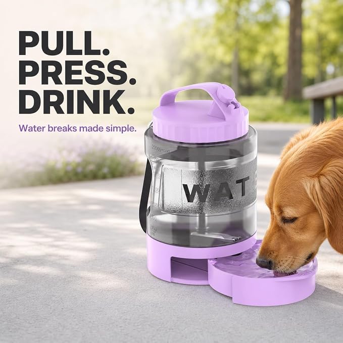 Portable Dog Water Bottle with Travel Bowl, 77 oz/2.2 L, Purple | 2-in-1 portable dog water bottle with pull-out bowl; BPA-free plastic, silicone seal, wide mouth and grip for hikes or travel