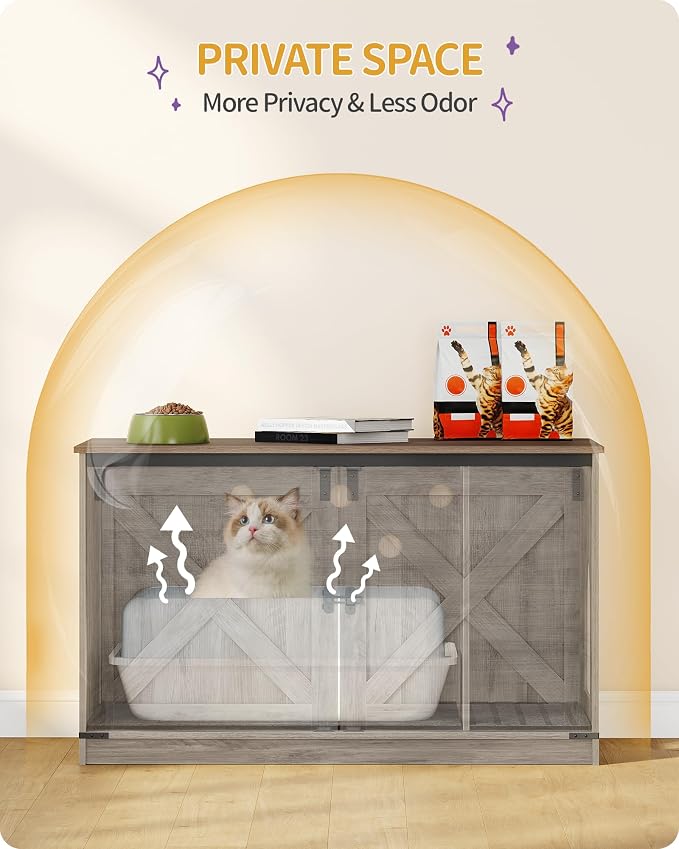 Hzuaneri Cat Litter Box Enclosure, Hidden Litter Box Furniture with Divider | Wooden Cat Cabinet with Removable Dividers, Reversible Entrance Left or Right Side, Cat Washroom, Greige CB84705X