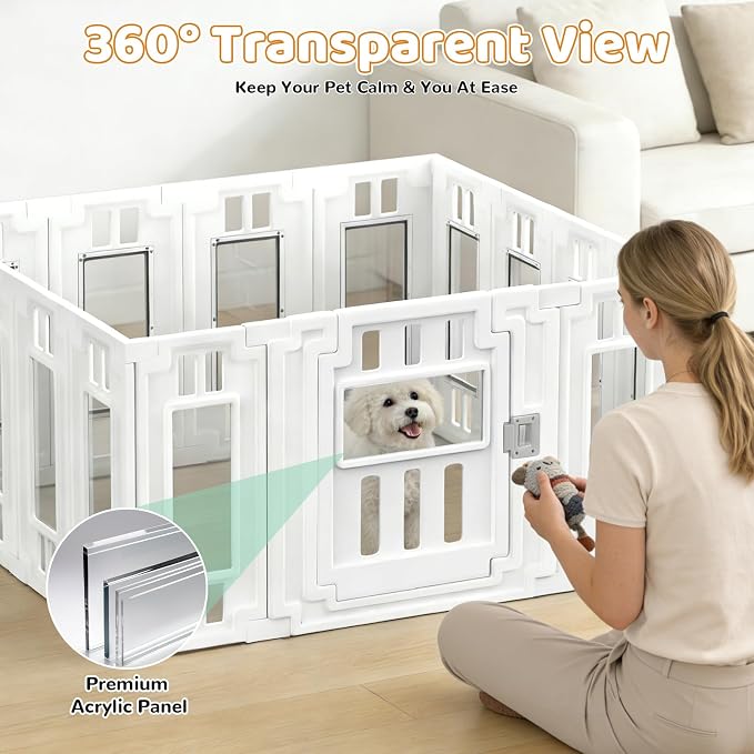 Clear Acrylic Dog Playpen for Indoor Puppy with HDPE, 15 Panels (47"x47") | Tool-Free Indoor Pet Fence, Large Clear Puppy Playpen with Suction Cup, Transparent Enclosure for Small Dogs Cats Bunnies