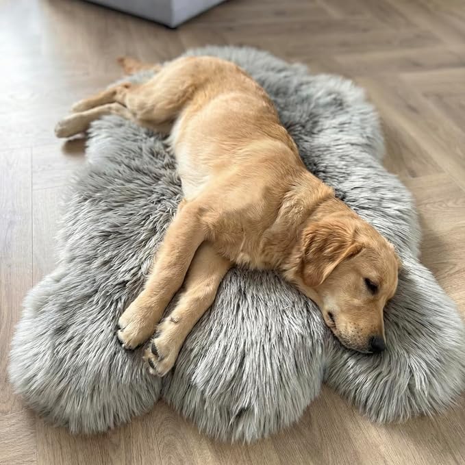 Faux Fur Orthopedic Dog Bed, Memory Foam, Grey 40"x25" | Plush Washable Dog Rug with Waterproof Machine Washable Cover, Calming for Anxious Senior Dogs, Relieves Joints