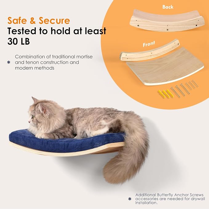 Curved Cat Shelves and Perches, Floating Cat Wall Bed with Comfortable Cushion