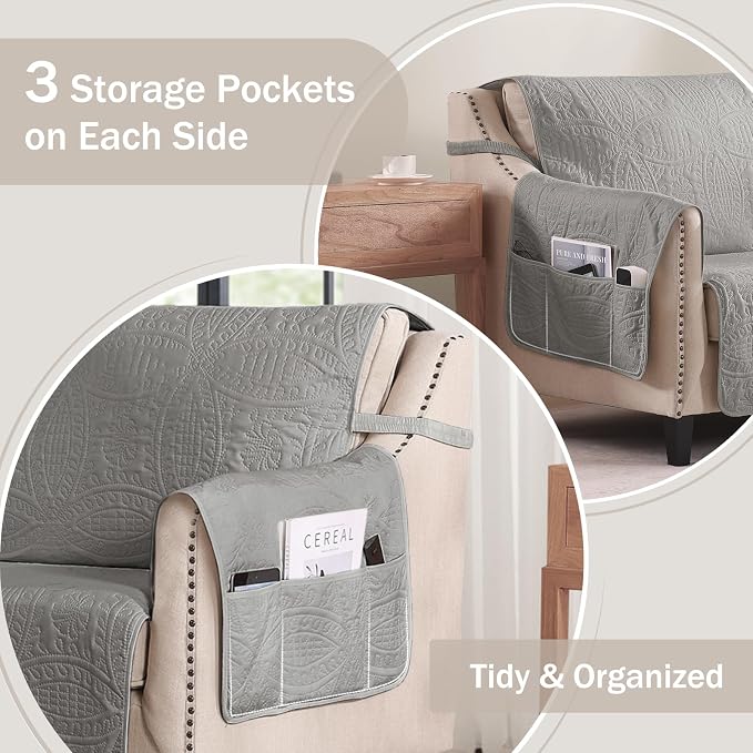 Quilted Recliner Chair Covers, Soft Lazy Boy Chair Covers, Water-Repellent Recliner Covers, Pet Friendly Chair Cover for Dogs Cats, Washable Sofa Protector (Recliner 22", Light Gray)