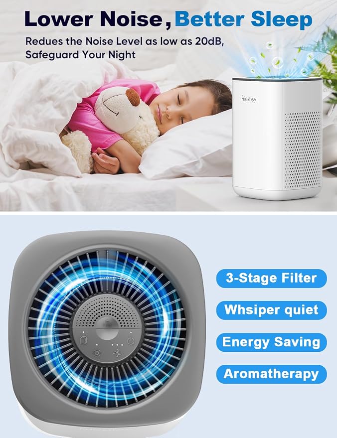 Priestley Small Air Purifiers for Home Bedroom Dorm Office Desktop, 20dB Quiet 3-in-1 HEPA Air Purifier with Essential Oil Diffuser, Air Filters Smoke, Allergies, Pet Dander, Odor, Dust