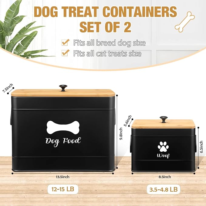 2Pcs Extra Large Metal Dog Food Containers Airtight 12 & 3.5 Lbs Dog Treat Snack Jars Set of 2 with Bamboo Lids and Spoons Farmhouse Big Pet Cookie Storage Jars for Kitchen Counter Gift(Black)