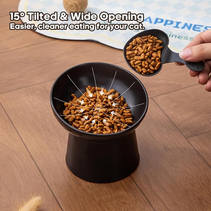 Ceramic Raised Cat Bowls - Elevated Tilted Cat Food and Water Bowls, Anti Vomiting and Protect Pets' Spines Pet Feeding Dish for Cats, Dishwasher Microwave Safe (1 x Bowl - Black)