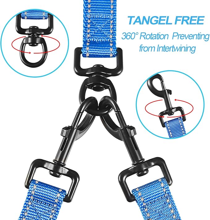 PetBonus Double Dog Leash, No Tangle Dual Leash, Reflective Walking Training Lead, 4 Comfortable Padded Handles for 2 Dogs with Collapsible Bowl and Waste Bags (Blue, Large) | 4 Comfortable Padded Handles, Adjustable, Reflective, For Two Large Medium D...