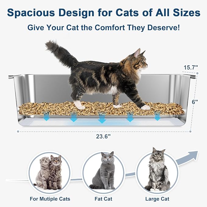 SuzziPaws XL Stainless Steel Sifting Litter Box for Pine Pellets Multi-Cats | 23.6" x 15.7" x 6" Open Top Sifting Litter Box with Pee Pads and Liners for Odor Control with Easy-Clean Tray