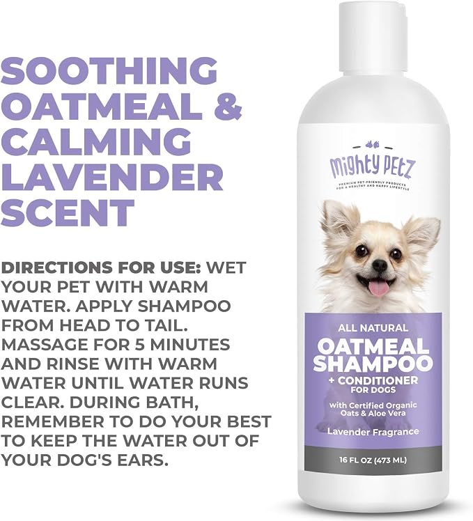 Mighty Petz 2-in-1 Oatmeal Dog Shampoo and Conditioner – 16 oz Natural Support for Allergies, Itchy Sensitive Skin. Moisturizing & pH Balanced for Dogs with Oatmeal and Aloe Vera
