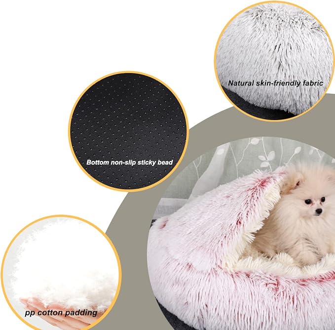 YUDANSI Cat Bed Hooded for Indoor Cats, Dog Bed with Large Covered Hood for Small Dogs Cats Puppy Kitty, Anti Anxiety Donut Cuddler, Anti Slip Plush Faux Fur Enclosed Pet Nest (Washable)(Pink-20inch)