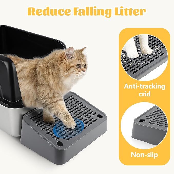 Litter Box Step, Cat Ramp Step Catcher with Filter Function, Grey | Litter Box Ramp for Kittens & Old Cats, Washable, Anti-Tracking, Non-Slip Litter Catcher, Easy to Clean