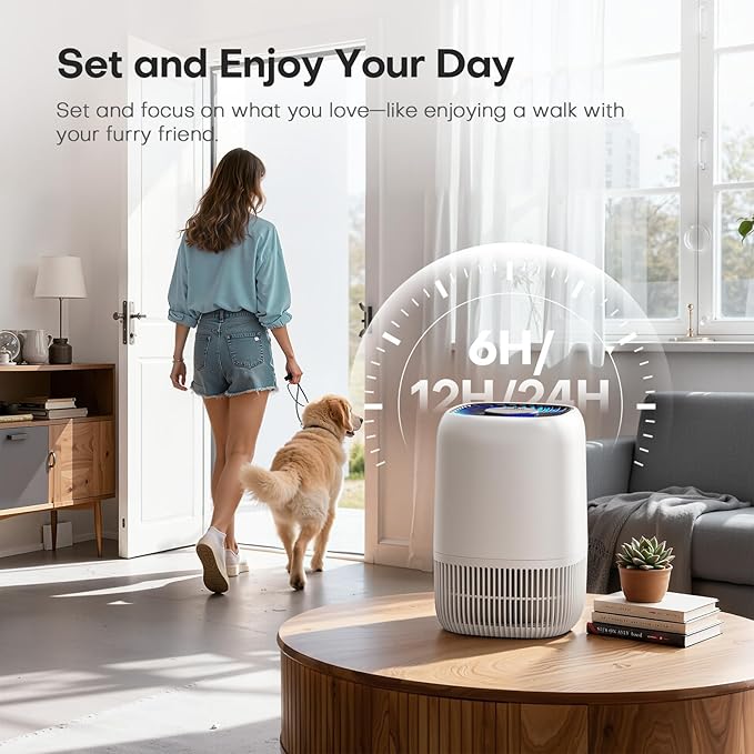 VOOPNU Air Purifiers for Home, High Efficiency Filter Up to 1076 Ft², White | for Pet Hair, Odors, Pollen, Smoke, Compact Air Cleaner with 3 Speeds, Timer, Aroma 22 dB Quiet 360°Intake, DH-JH12