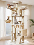 Taoqimiao Tall Cat Tree, 76In XL Cat Tower for Large Cats, 3 Padded Perches | Oversized Metal Hammock, 2 Big Condos, 1-Piece Ramp Scratcher, 7 Natural Sisal Posts, Hanging Basket, Beige, MS047M