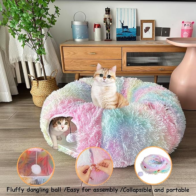 Cat Bed Tunnel Tube Toy Rainbow Plush | Collapsible Round Tunnels for Indoor Cats, Interactive Toys Play Tubes with Hanging Ball for Kitten, Puppy, Rabbit
