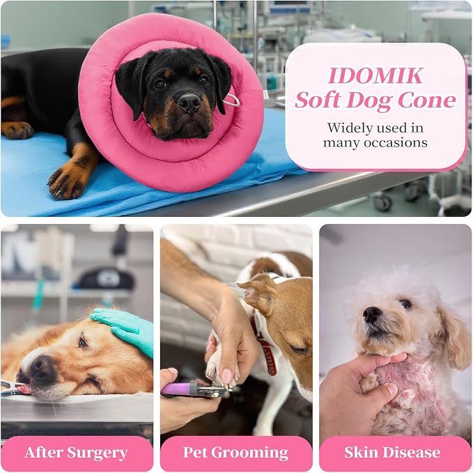 IDOMIK Dog Recovery Collar, Waterproof Soft Dog Cone After Surgery | Comfy Protective Elizabethan Collar Alternative for Dogs Cats, Adjustable Pet Neck Donut Cone Anti-Licking Wounds,Rose,3XL