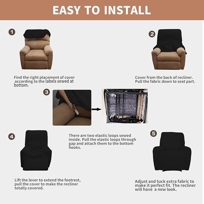 Easy-Going 100% Waterproof Recliner Chair Cover，1-Piece Recliner Slipcover | Dual Waterproof Couch Cover for Recliner，Leakproof Furniture Protector for Kids Pets Dog Cat Daily Stain, Black