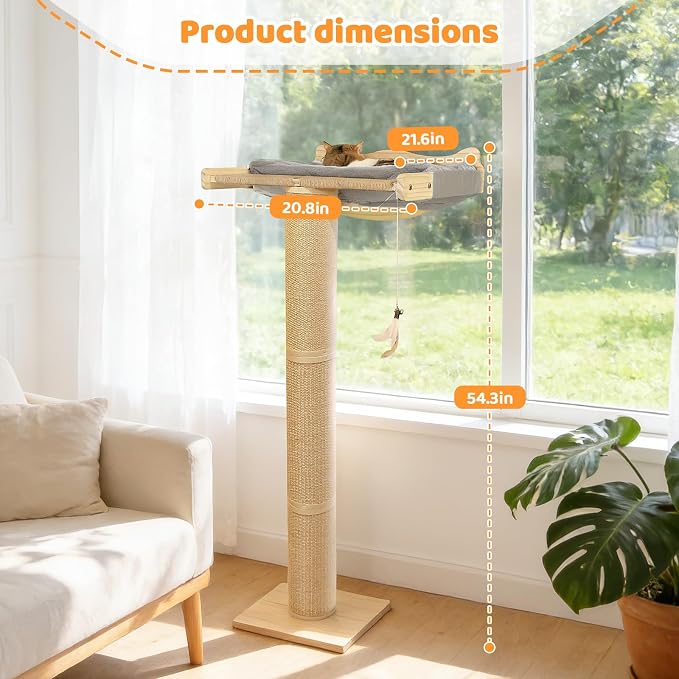 54" Tall Cat Scratching Post with Window Perch | Gray Fluffy Cushion, 3-Piece Thickened sisal Roman Columns, Drill-Free Suction Cup, Elevated Privacy Hammock, 60 LBS Capacity