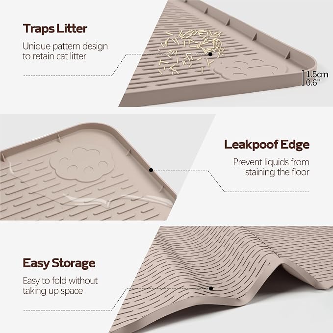 Silicone Cat Litter Mat for Litter Box 50”x35” Large Cat Mat, Khaki | Waterproof, Non-Slip, Leak-Proof Rug Mat with Lip, Easy to Clean, Extra Large Litter Catcher Mat for Floor