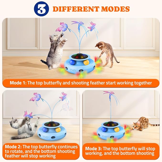 Pawtners Cat Toys, Automatic Interactive Kitten Toys for Indoor Cats, Blue | Fluttering Butterfly, Moving Feather, Track Balls and USB Rechargeable Powered Smart Indoor Exercise Kicker