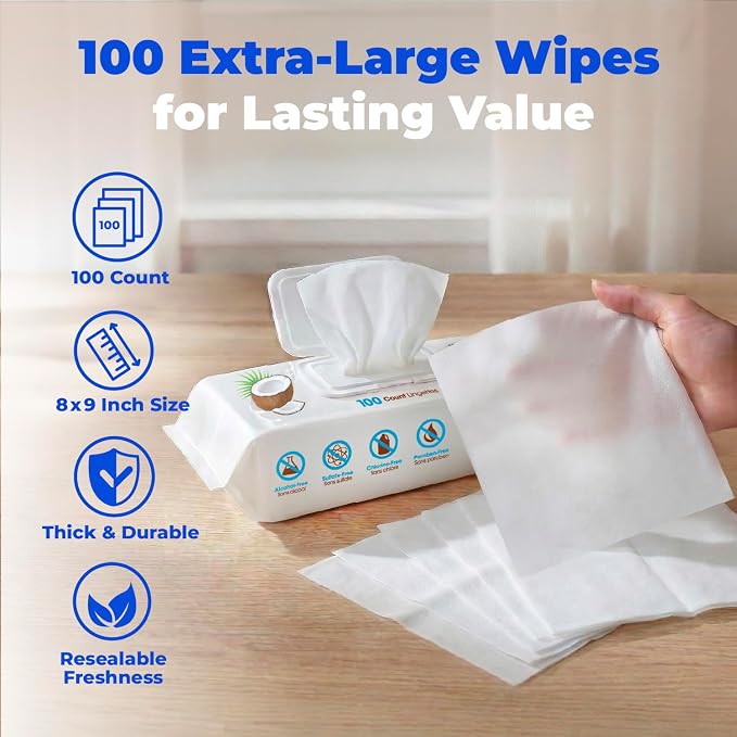 Best Pet Supplies Cleaning Dog Wipes - Moisturizing Coconut 100 Count | Coconut Scented, Large 8"x9", Vitamin E, Puppy & Cat Safe, Gentle Grooming, Resealable Pouch Prevents Drying