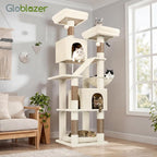 Globlazer F74D Cat Tree for Large Cats 20+ lbs, 74in Tall Tower, Beige | Easy Assembly, Maine Coon, Large Cats, 2 Condos, Steel-Rim Basket Bowl, Plush Bed, 2 Perches, Sisal Posts, Anti-Topple Strap